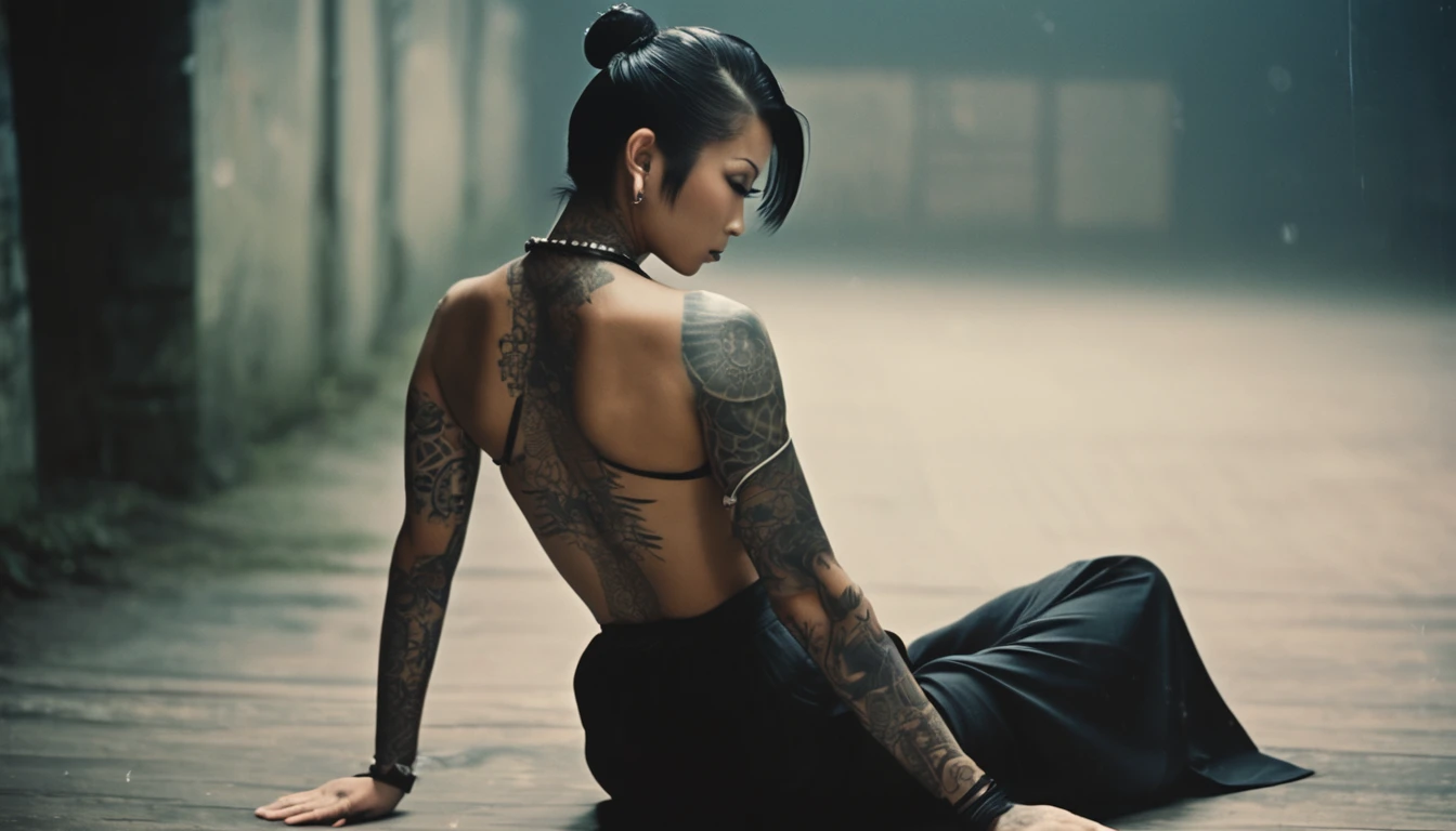 Foto antigua de 35 mm. , Una señora con tatuaje sentada en el suelo., (muscular:1.2) ,(hombro ancho) , cicatrices en la espalda, yakuza girl, Pelo De Moño, solo tatuajes en la espalda, mano abierta, mostrando el músculo de la espalda, mujer samurái, tatuajes de cuerpo completo, vista trasera, sosteniendo una katana muy brillante,bokeh, Profesional