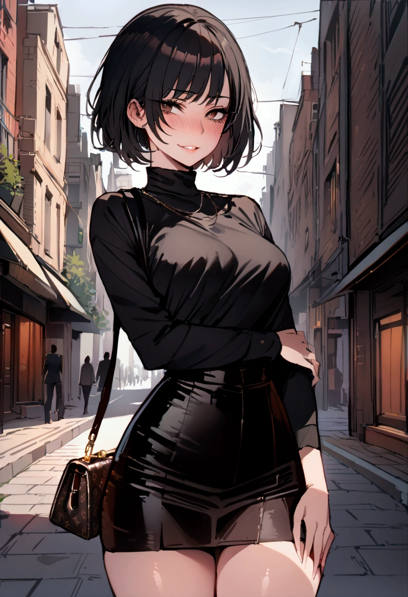 masterpiece, best quality 1girl, solo, beautiful woman, bangs, black hair, short hair, bob cut, dark brown eyes, deep blush, grin, medium breasts, black turtle neck sweeter, short black skirt, plated skirt, louis vuitton handbag, looking at viewer, street background