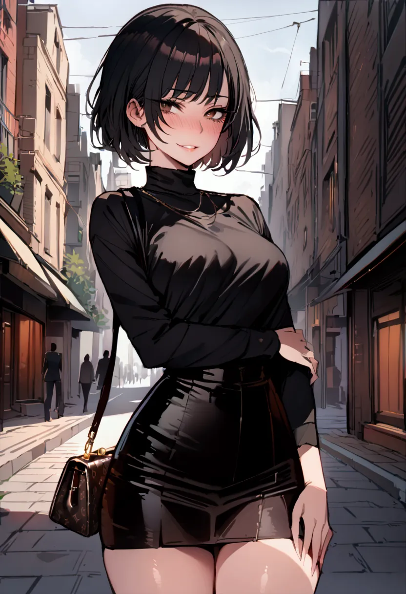 masterpiece, best quality 1girl, solo, beautiful woman, bangs, black hair, short hair, bob cut, dark brown eyes, deep blush, gri...