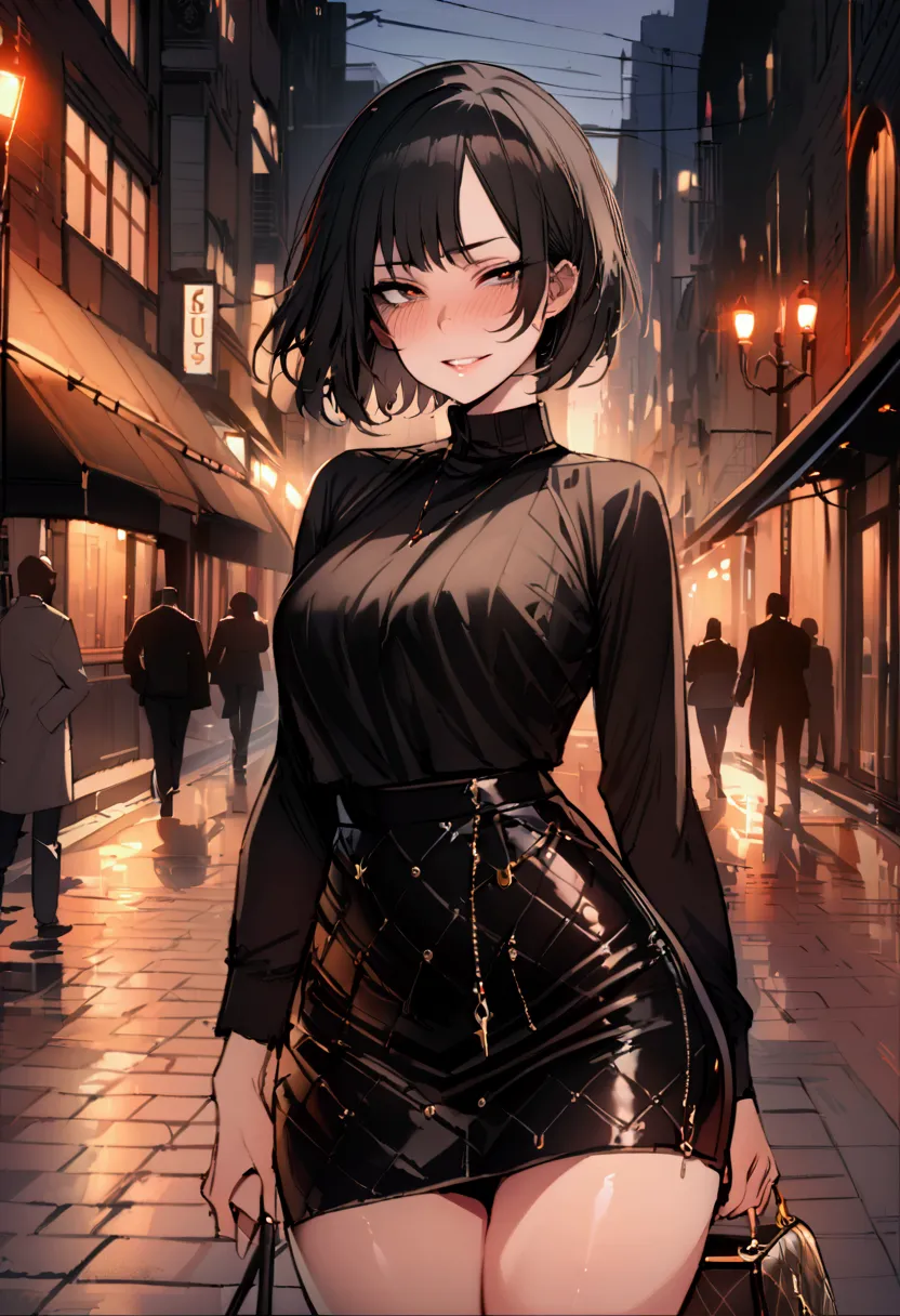 masterpiece, best quality 1girl, solo, beautiful woman, bangs, black hair, short hair, bob cut, dark brown eyes, deep blush, gri...