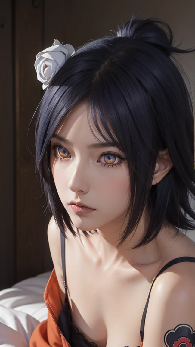 woman, woman, short hair, hair ornament, blue hair, legs , sitting on the bed , small, panties, bra, sexy body , , one flower, hair цветок, (orange eyes:1.2), (labret piercing:1.2), eyeshadow, (Akatsuki uniform:1.5), Akatsuki \(naruto\),BREAK (masterpiece:1.2), Best quality, A high resolution, unity 8k wallpaper, (illustration:0.8), (beautiful detailed eyes:1.6), very detailed face, perfect lighting, extremely detailed computer graphics, (perfect hands, Ideal Anatomy),