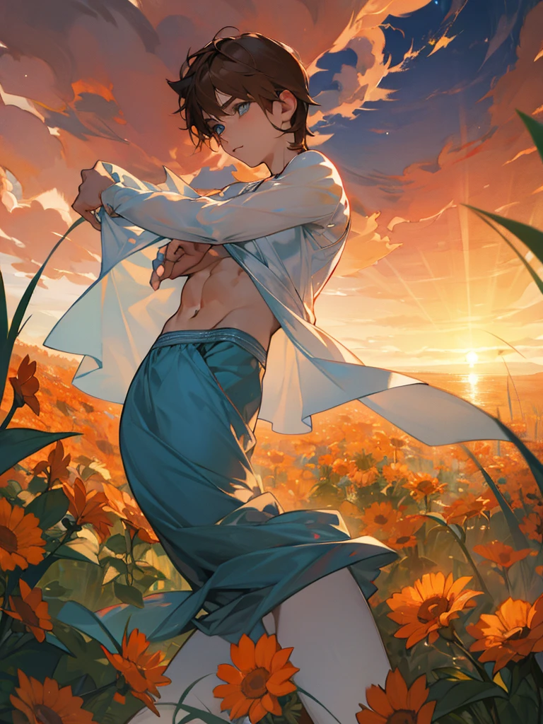 1 young teen boy, detailed boy, muscular boy, brown hair, blue eyes, twink, small waist, big arms, chiseled abs, big voluptuous chest, body wrapped in beautiful flower vines, see-through clothes, floral scene, sunset beautiful floral field, high quality, detailed, 3d, vines wrap around legs arms and body, flower in ear, flower on crotch