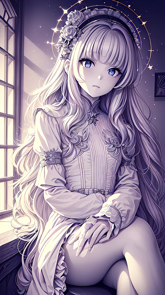 ((best quality)), ((masterpiece)), (detailed), une fille, visage parfait, Longhaire, ((golden hair)), curly hair, decorated cheveux, ultramarine blue eyes,   ((((Bellissima, alta definizione, ultra alta risoluzione)))), 1girl, sitting, (long, wavy silver hair), pale skin, ((sparkling azure eyes)), ((starry eyes)), (((detailed face, striking features:0.9))), ((close up)), (indoor, evening, surrounded by stars:0.85)), small breasts, holding a star orb, ((calm expression)), ((perfect hands, delicate fingers)), (((head, upper body view, legs crossed, seated position))), wearing a flowing white robe with star patterns, ((long white gloves)), luminous aura, beautiful lighting, indoors, mystical atmosphere, background, ((defined subject)), 27 years old, (looking at a star map), (((warm))), ((serene)), (((high contrast, starburst effect)))