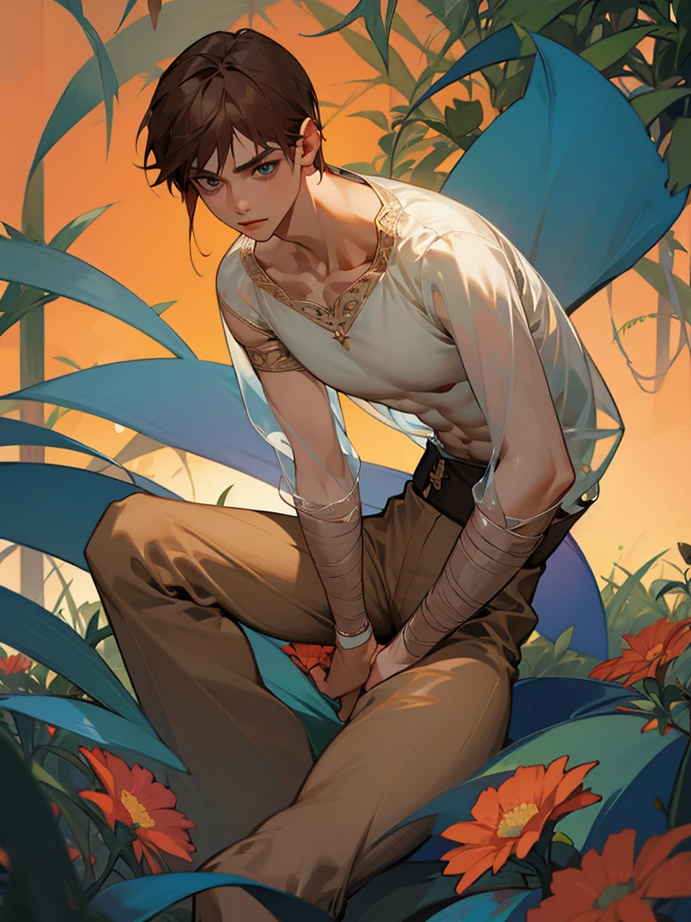 1 young teen boy, detailed boy, muscular boy, brown hair, blue eyes, twink, small waist, big arms, chiseled abs, big voluptuous chest, body wrapped in beautiful flower vines, see-through clothes, floral scene, sunset beautiful floral field, high quality, detailed, 3d, vines wrap around legs arms and body, flower in ear, flower on crotch