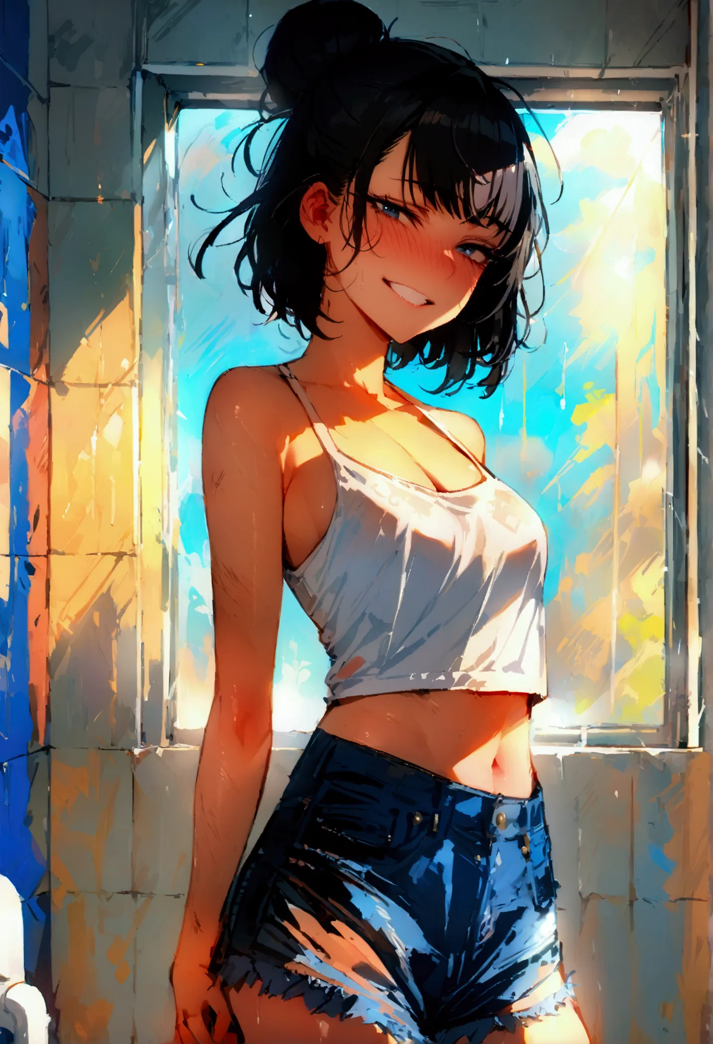 masterpiece, best quality 1girl, solo, beautiful woman, bangs, black hair, short hair, women's bun, dark blue eyes, deep blush, ...