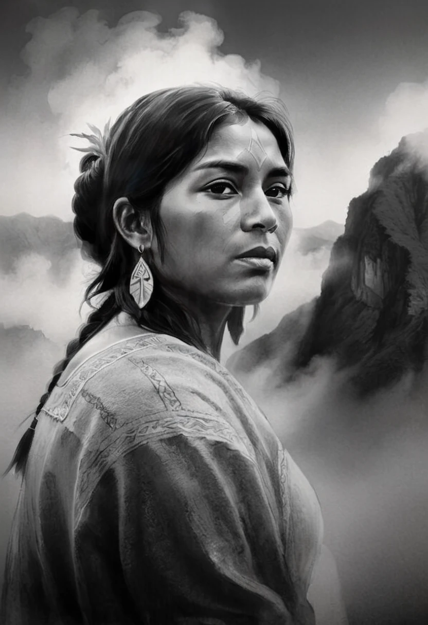 High Quality illustration,ultra detailed, Beautiful picture of A painting of a Peruvian beauty, Fog, cinematic shot, haze lighting, 16k, uhd, blurry masterpiece,cinematic, epic, monochrome 