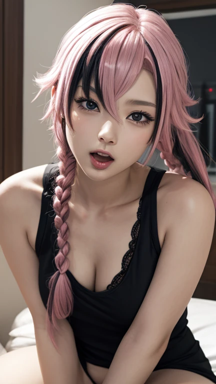 Yuno Gasai，brechen ((rosa und schwarze Kleidung：1.5))brechen City，pinkes Haar ,glattes Haar,lange Zöpfe,rote Augen,Rote X-Pupillen,Nacht，brechen In bed，Blick ins Publikum，Oberschenkel，hinsetzen，Nachttisch，Blushlush，Auf alle Viere，Kniend im Laufschritt，brechen（Meisterwerk：1.2），beste Qualität，Hohe Auflösung，Einheit 8k Hintergrundbild，（Illustration：0.8），extrem detailliertes Gesicht，Perfekte Beleuchtung，extrem detaillierte CG，（perfekte Hände，Perfekte anatomische Struktur），Streck deine Zunge raus，lange rote Zunge