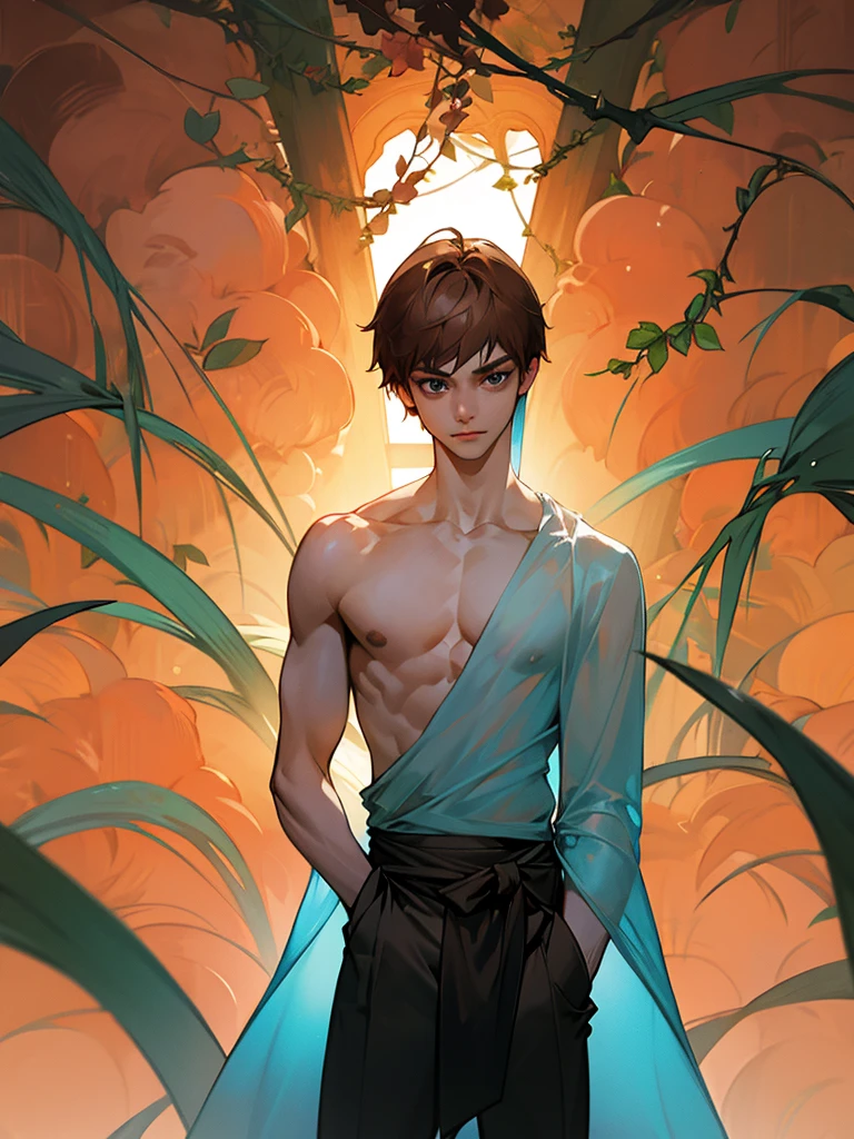 1 young teen boy, detailed boy, muscular boy, brown hair, blue eyes, twink, small waist, big arms, chiseled abs, big voluptuous chest, body wrapped in beautiful flower vines, see-through clothes, in a blank room, sunset beautiful floral field, high quality, detailed, 3d, vines wrap around legs arms and body, flower in ear, flower on crotch