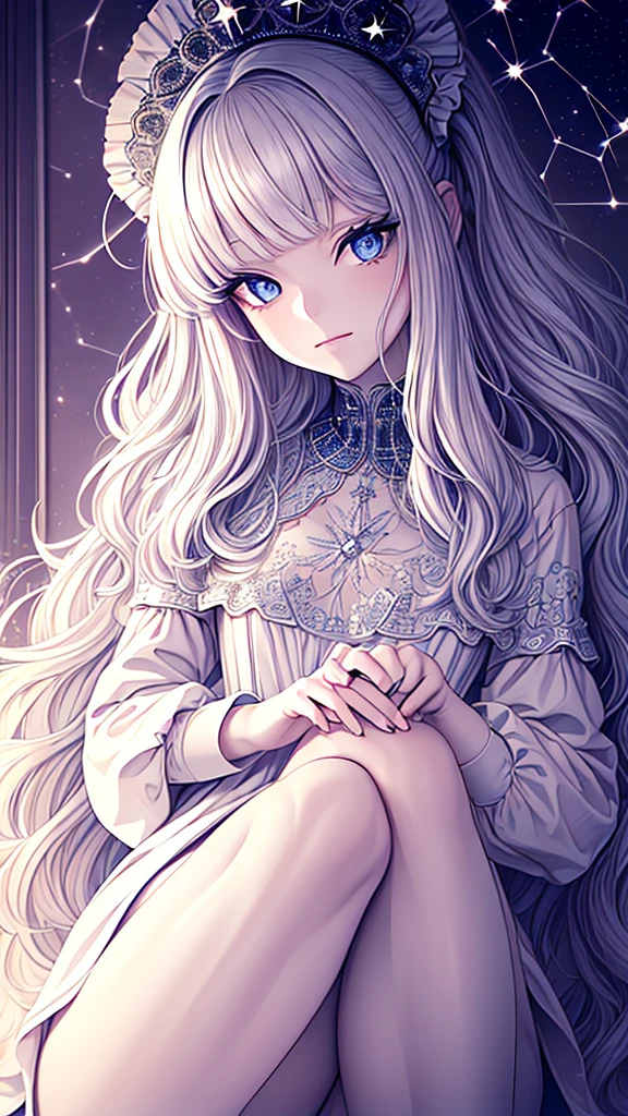 ((best quality)), ((masterpiece)), (detailed), une fille, visage parfait, Longhaire, ((golden hair)), curly hair, decorated cheveux, ultramarine blue eyes,   ((((Bellissima, alta definizione, ultra alta risoluzione)))), 1girl, sitting, (long, wavy silver hair), pale skin, ((sparkling azure eyes)), ((starry eyes)), (((detailed face, striking features:0.9))), ((close up)), (indoor, evening, surrounded by stars:0.85)), small breasts, holding a star orb, ((calm expression)), ((perfect hands, delicate fingers)), (((head, upper body view, legs crossed, seated position))), wearing a flowing white robe with star patterns, ((long white gloves)), luminous aura, beautiful lighting, indoors, mystical atmosphere, background, ((defined subject)), 27 years old, (looking at a star map), (((warm))), ((serene)), (((high contrast, starburst effect)))