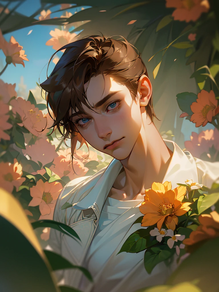 1 young teen boy, detailed boy, muscular boy, brown hair, blue eyes, twink, small waist, big arms, chiseled abs, big voluptuous chest, body wrapped in beautiful flower vines, see-through clothes, in a blank room, sunset beautiful floral field, (best quality,4k,8k,highres,masterpiece:1.2),ultra-detailed,(realistic,photorealistic,photo-realistic:1.37),HDR,UHD,studio lighting,ultra-fine painting,sharp focus,physically-based rendering,extreme detail description,professional,vivid colors,bokeh,portraits,fantasy,dramatic lighting,dramatic colors,floral,lush flowers,floral vines,gossamer,ethereal,dreamlike