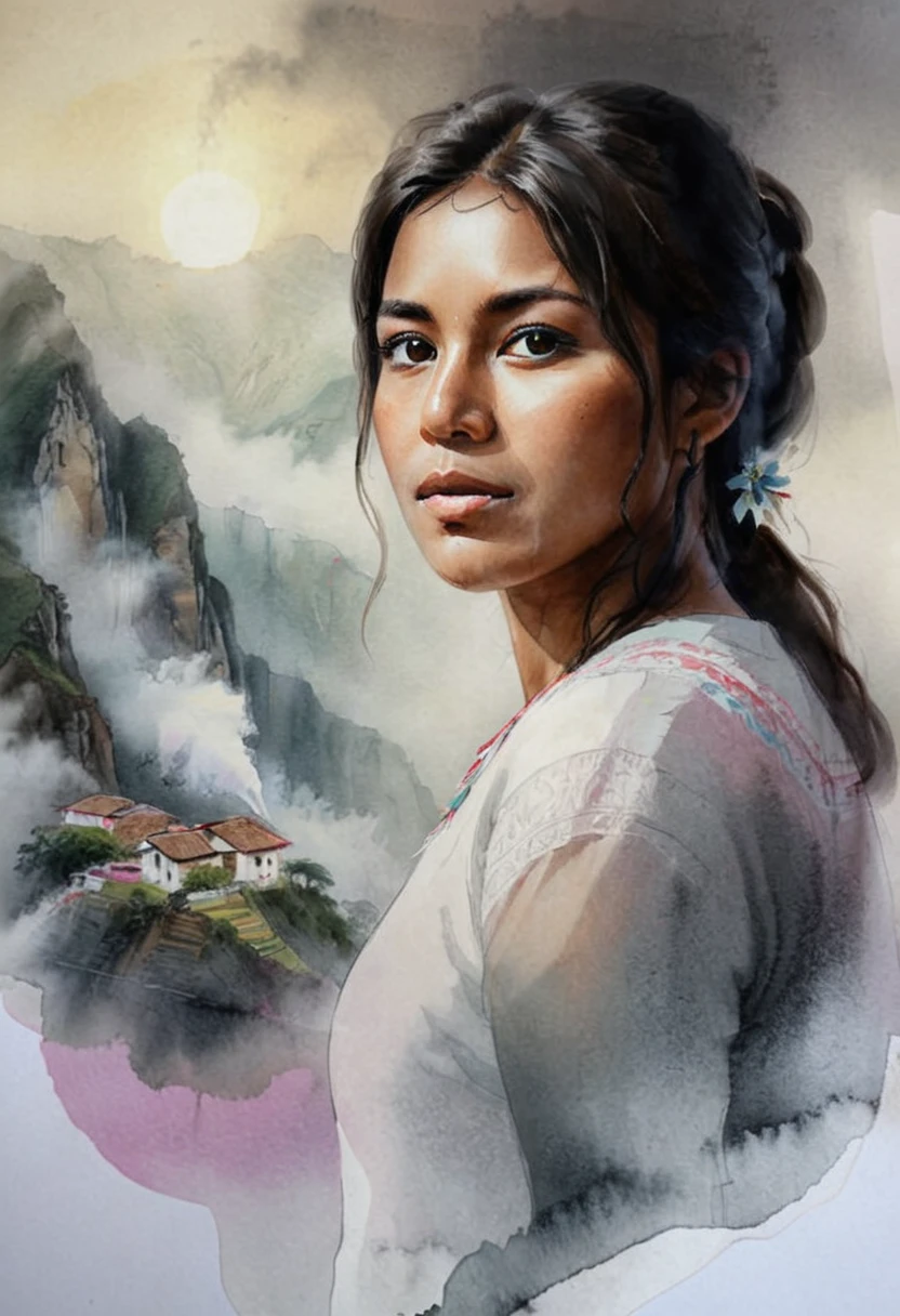 High Quality illustration,ultra detailed, Beautiful picture of A painting of a girl Peruvian beauty, Fog, cinematic shot, haze lighting, 16k, uhd, blurry masterpiece,cinematic, epic,  watercolor, ink