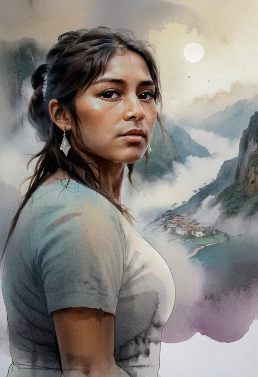 High Quality illustration,ultra detailed, Beautiful picture of A painting of a girl Peruvian beauty, Fog, cinematic shot, haze lighting, 16k, uhd, blurry masterpiece,cinematic, epic,  watercolor, ink