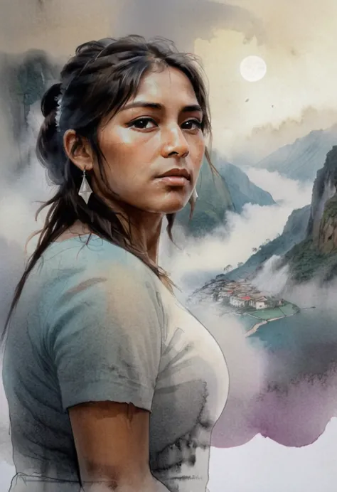 High Quality illustration,ultra detailed, Beautiful picture of A painting of a girl Peruvian beauty, Fog, cinematic shot, haze l...