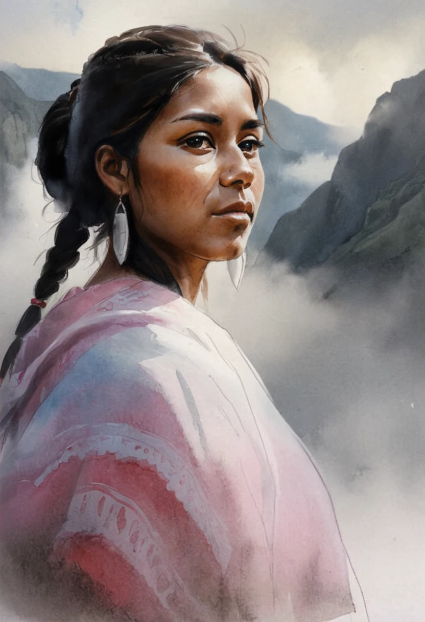 High Quality illustration,ultra detailed, Beautiful picture of A painting of a girl Peruvian beauty, Fog, cinematic shot, haze lighting, 16k, uhd, blurry masterpiece,cinematic, epic,  watercolor, ink