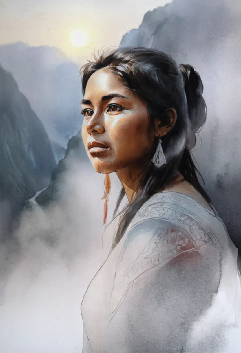 High Quality illustration,ultra detailed, Beautiful picture of A painting of a girl Peruvian beauty, Fog, cinematic shot, haze lighting, 16k, uhd, blurry masterpiece,cinematic, epic,  watercolor, ink