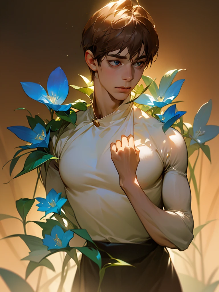 1 young teen boy, detailed boy, muscular boy, brown hair, blue eyes, twink, small waist, big arms, chiseled abs, big voluptuous chest, body wrapped in beautiful flower vines, see-through clothes, in a blank room, sunset beautiful floral field, (best quality,4k,8k,highres,masterpiece:1.2),ultra-detailed,(realistic,photorealistic,photo-realistic:1.37),HDR,UHD,studio lighting,ultra-fine painting,sharp focus,physically-based rendering,extreme detail description,professional,vivid colors,bokeh,portraits,fantasy,dramatic lighting,dramatic colors,floral,lush flowers,floral vines,gossamer,ethereal,dreamlike,half body