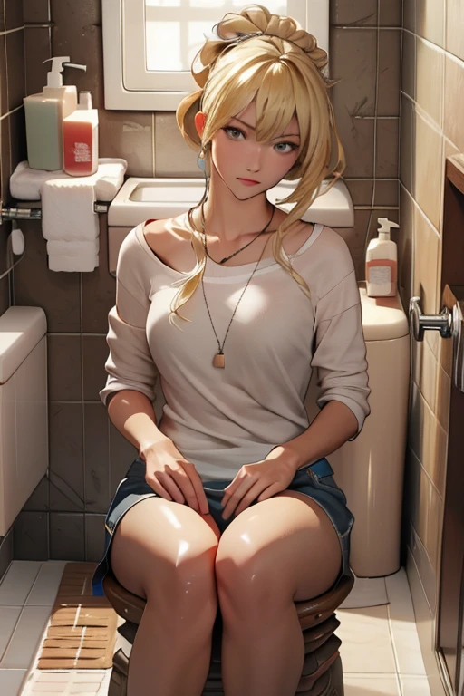 Highest quality、masterpiece、High sensitivity、High resolution、Detailed Description、Slender women、Slim Body、、Western-style toilet、Sit on the toilet、Lower your pants to your knees、