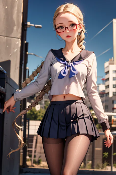 (masterpiece, best quality), 1girl,   tomi, tomi, serafuku, pleated skirt, under-rim eyewear, navy pantyhose