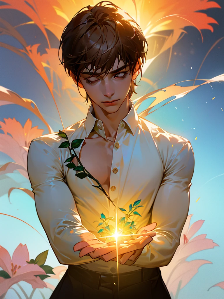 1 young teen boy, detailed boy, muscular boy, brown hair, blue eyes, twink, small waist, big arms, chiseled abs, big voluptuous chest, body wrapped in beautiful flower vines, see-through clothes, in a blank room, sunset beautiful floral field, (best quality,4k,8k,highres,masterpiece:1.2),ultra-detailed,(realistic,photorealistic,photo-realistic:1.37),HDR,UHD,studio lighting,ultra-fine painting,sharp focus,physically-based rendering,extreme detail description,professional,vivid colors,bokeh,portraits,fantasy,dramatic lighting,dramatic colors,floral,lush flowers,floral vines,gossamer,ethereal,dreamlike,half body