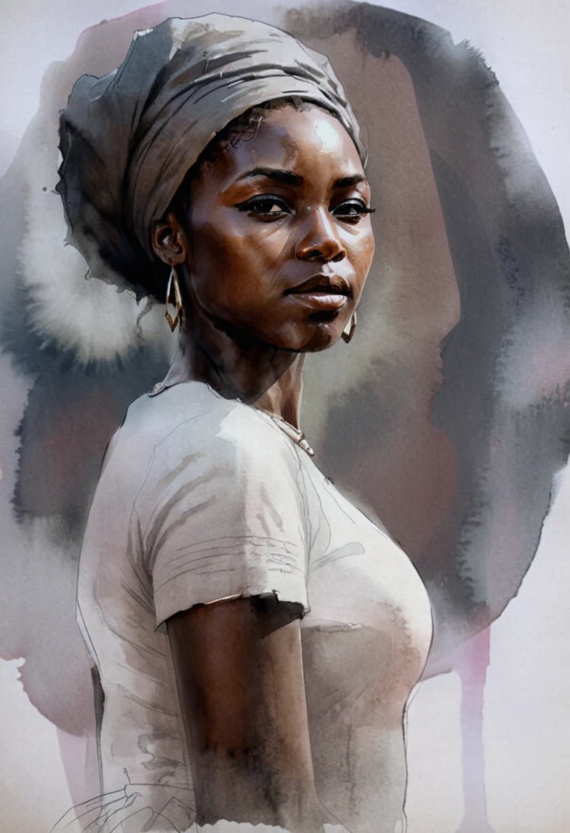 High Quality illustration,ultra detailed, Beautiful picture of A painting of a girl african beauty, Fog, cinematic shot, haze lighting, 16k, uhd, blurry masterpiece,cinematic, epic,  watercolor, ink