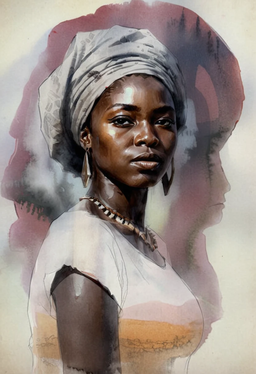 High Quality illustration,ultra detailed, Beautiful picture of A painting of a girl african beauty, Fog, cinematic shot, haze lighting, 16k, uhd, blurry masterpiece,cinematic, epic,  watercolor, ink