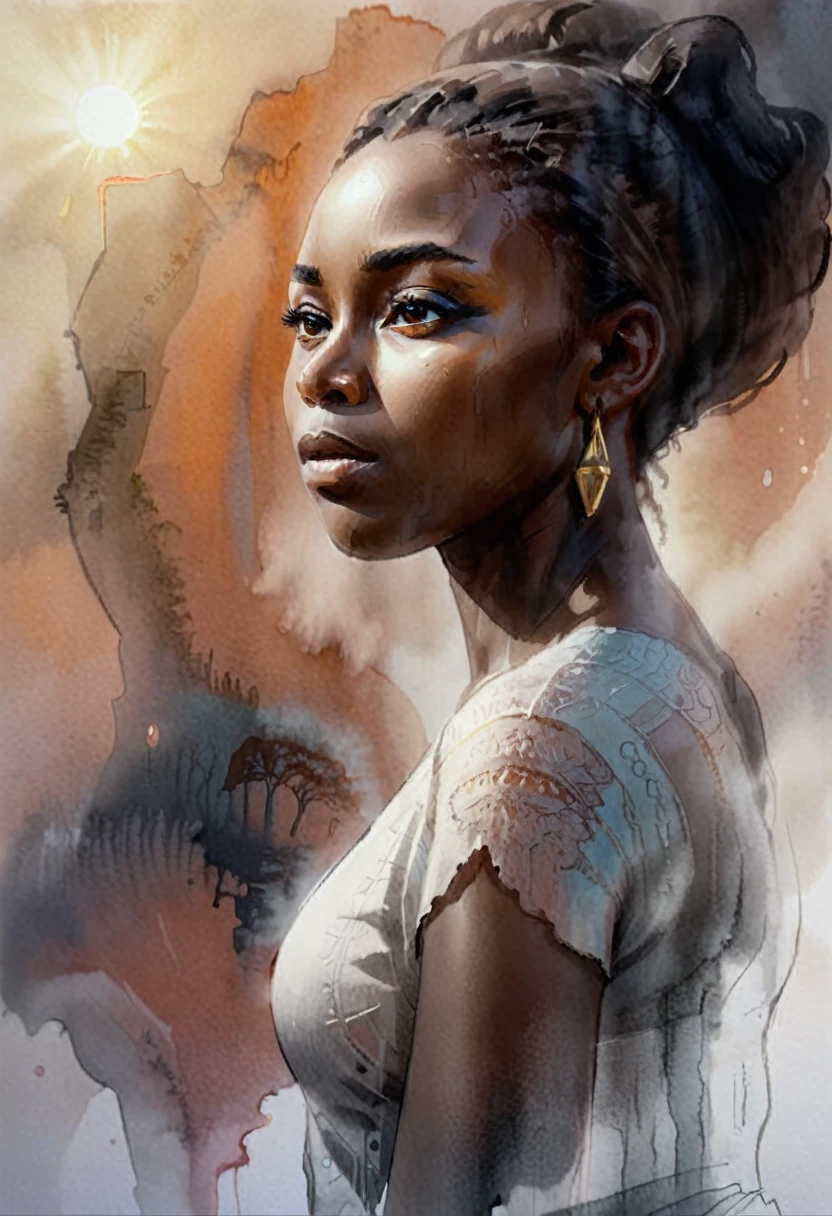 High Quality illustration,ultra detailed, Beautiful picture of A painting of a girl african beauty, Fog, cinematic shot, haze lighting, 16k, uhd, blurry masterpiece,cinematic, epic,  watercolor, ink