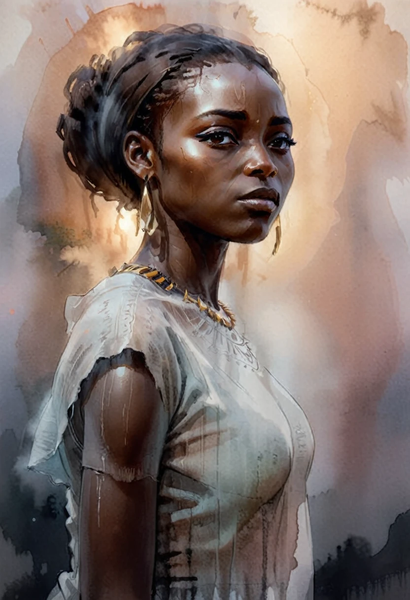 High Quality illustration,ultra detailed, Beautiful picture of A painting of a girl african beauty, Fog, cinematic shot, haze lighting, 16k, uhd, blurry masterpiece,cinematic, epic,  watercolor, ink