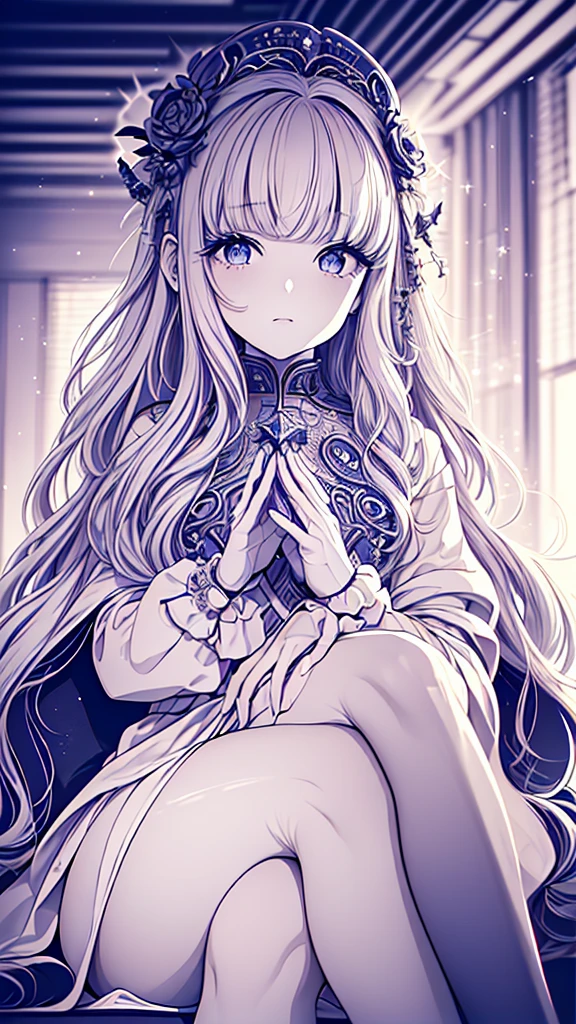 ((best quality)), ((masterpiece)), (detailed), une fille, visage parfait, Longhaire, ((golden hair)), curly hair, decorated cheveux, ultramarine blue eyes,   ((((Bellissima, alta definizione, ultra alta risoluzione)))), 1girl, sitting, (long, wavy silver hair), pale skin, ((sparkling azure eyes)), ((starry eyes)), (((detailed face, striking features:0.9))), ((close up)), (indoor, evening, surrounded by stars:0.85)), small breasts, holding a star orb, ((calm expression)), ((perfect hands, delicate fingers)), (((head, upper body view, legs crossed, seated position))), wearing a flowing white robe with star patterns, ((long white gloves)), luminous aura, beautiful lighting, indoors, mystical atmosphere, background, ((defined subject)), 2, (looking at a star map), (((warm))), ((serene)), (((high contrast, starburst effect)))