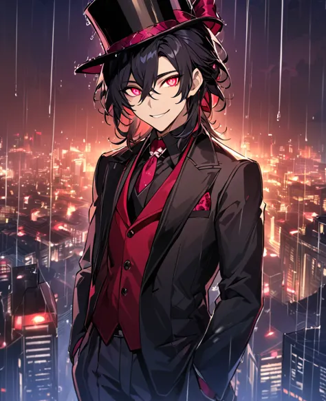 (black_hair), (deep_ruby_eyes), (detailed_eyes), (smile), (attractive), (night_city_background), (raining), (glowing_eyes), (mal...