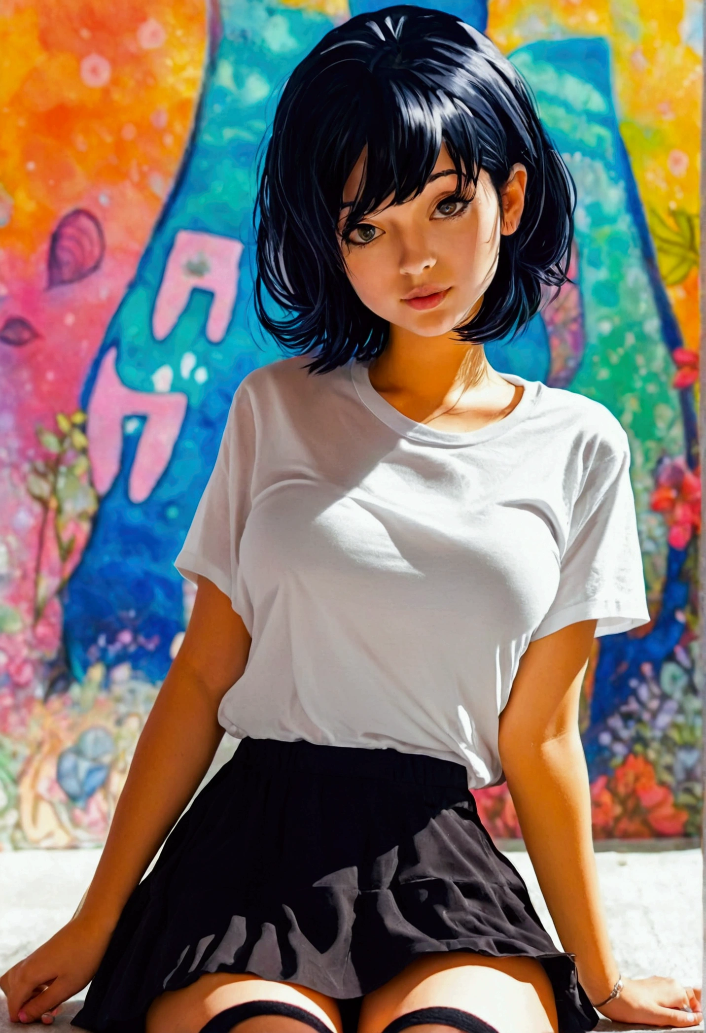 Full body shot of a white girl, 20 years old, short black hair wearing a  white - SeaArt AI