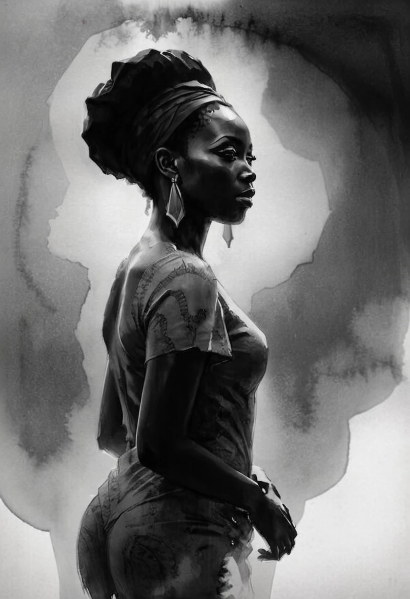 High Quality illustration,ultra detailed, Beautiful picture of A painting of a african beauty, Silhouette, Fog, cinematic shot, haze lighting, 16k, uhd, blurry masterpiece,cinematic, epic, monochrome, ink