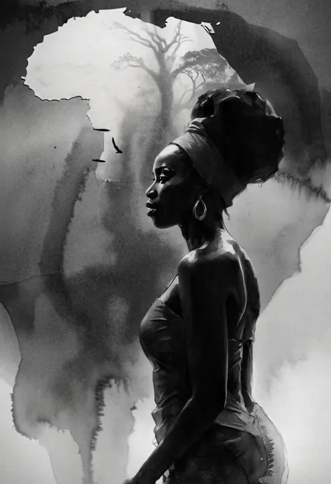 High Quality illustration,ultra detailed, Beautiful picture of A painting of a african beauty, Silhouette, Fog, cinematic shot, ...
