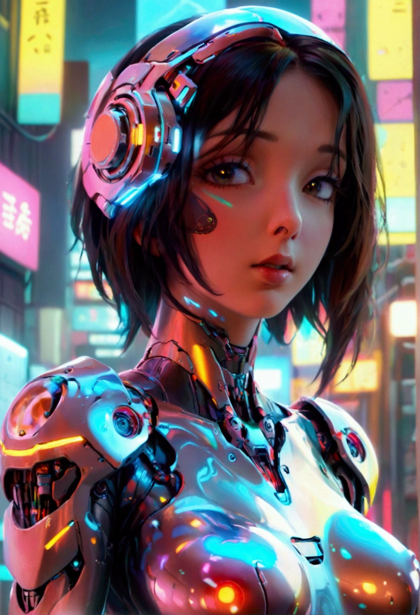 une femme mignonne, body moulant sexy, ports de données cybernétiques, palette de couleurs chrome néon, Tokyo du futur, posant à côté d&#39;un cyber super mecha assorti, chef-d&#39;œuvre, Meilleure qualité, 8k, hyperréaliste, extrêmement détaillé, Éclairage cinématographique, brouillard volumétrique, atmosphère dramatique, détails complexes, Photoréaliste, art numérique, art conceptuel, science-fiction, cyberpunk
