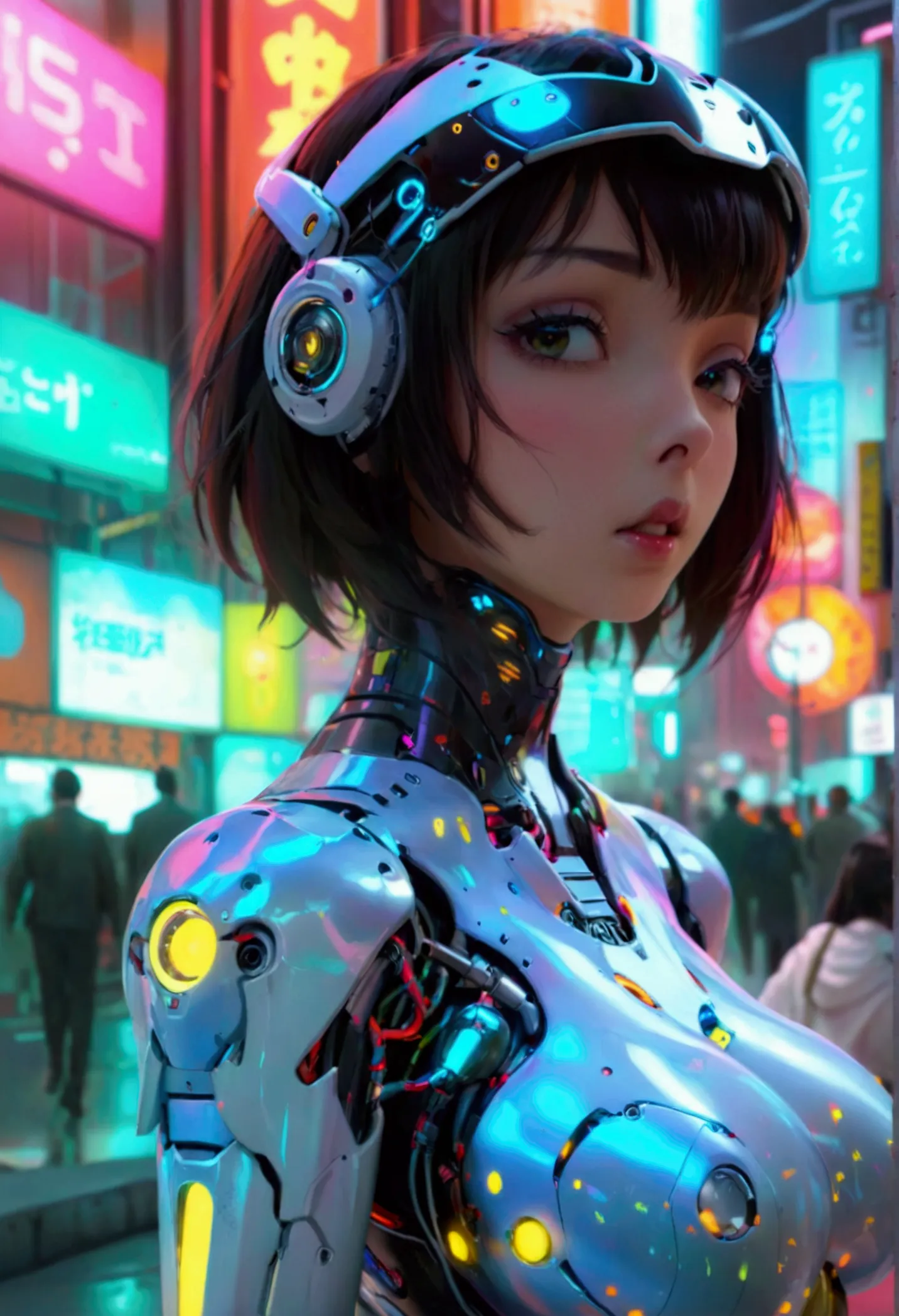 a cute woman, sexy skin-tight bodysuit, cybernetic data-ports, neon chrome color scheme, future tokyo, posing next to a matching...