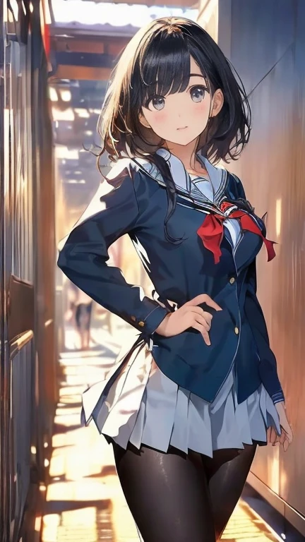 (Browsing Caution:1.3), ((Highest quality, masterpiece, 8K, High resolution, detailed)), ((A photo of a high school girl wearing see-through panties)), ((A high school girl standing with her legs open in black pantyhose)), Blazer uniform, The wind has blown her skirt up, exposing her underwear, 15 year old high school girl, Beautiful and firm breasts, Beautiful and distortion-free face, Young and cute gravure idol, Realistic young gravure idol, Young and thin gravure idol, Japanese Goddess, (Natural Side Lighting, Cinema Lighting), Written boundary depth, Looking at the audience, Front view, 1 Girl, Asian, ((Bob Hair)), Perfect Face, Cute symmetrical face, Pale skin, Shiny skin, Asymmetrical bangs, Big eyes, Droopy eyes, Long eyelashes, thin, Beautiful Hair, Beautiful Face, Beautiful and beautiful eyes, Beautiful clavicle, Beautiful body, Beautiful breasts, Beautiful thighs, Beautiful legs, Beautiful fingers, (Beautiful views), evening, Droopy eyes, 