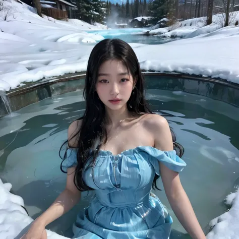 A Korean woman,20 years old,black hair,long hair,in light blue majestic strapless layred dress,in water,in hot spring,blue and t...