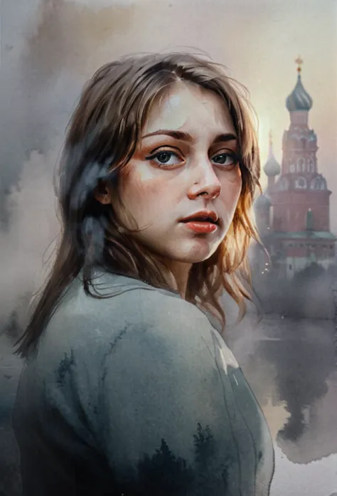 High Quality ,ultra detailed,portrait, Beautiful picture of A painting of a girl russian beauty, Fog, cinematic shot, haze light...