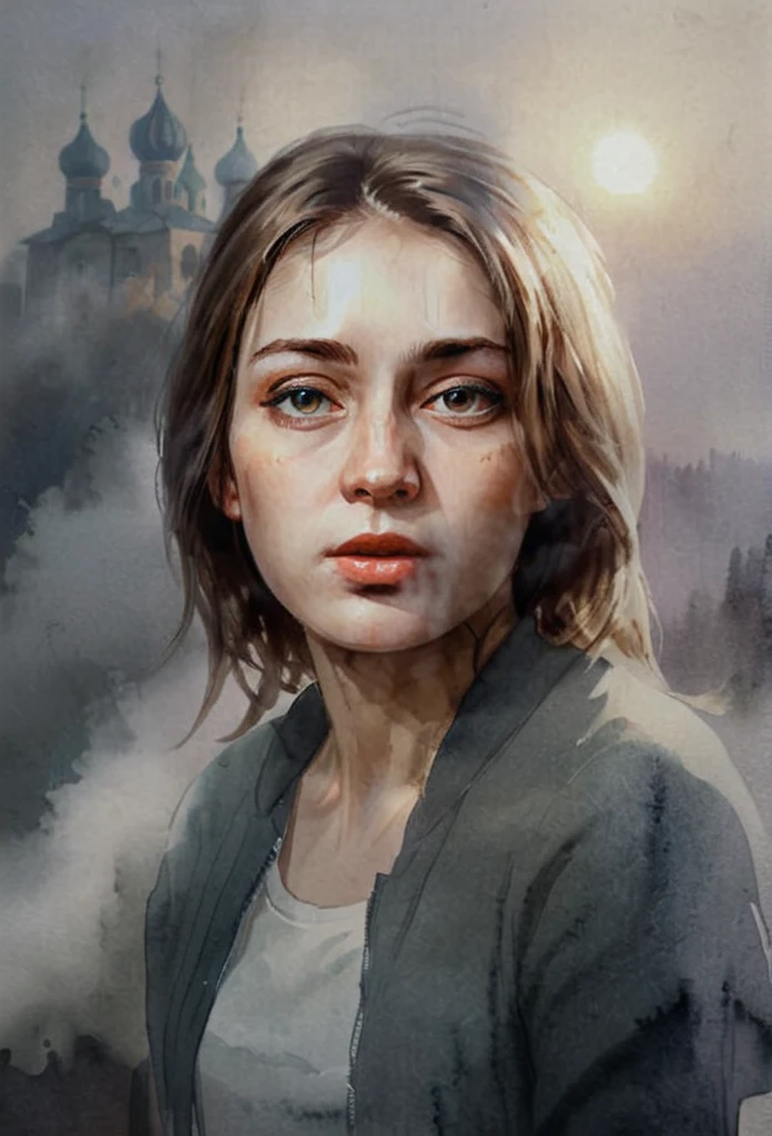 High Quality ,ultra detailed,portrait, Beautiful picture of A painting of a girl russian beauty, Fog, cinematic shot, haze lighting, 16k, uhd, blurry masterpiece,cinematic, epic,  watercolor, 