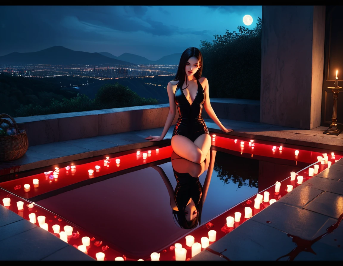 a picture of a female vampire in an infinity pool of blood watching the city at night, (Masterpiece, intense details: 1.5 ), exquisite, dreadful beautiful vampire, long black hair, intense green eyes, evil smile, fangs, busty sitting near a large infinity pool of dark ((red blood: 1.2)) there are  stone steps leading to the pool, lit by candles, elegant pool rim, (falls of blood fill the pool: 1.3), there is a crystal glass of wine near the vampire, she is wearing glamour black bathing suit, high detail, Conceptual art, Realism, cinematic lighting, moon light, reflection light, from side, panorama, ((anatomically correct:1.5))Ultra-Wide Angle, Wide-Angle, award winning, best quality, high quality, high details, highres, vibrant, Ultra-high resolution, High Contrast, (masterpiece:1.5), highest quality, Best aesthetics), best details, best quality, highres, ultra wide angle, 16k, [ultra detailed], masterpiece, best quality, (extremely detailed), Blood_Covered, vampire teeth, Dark Art Painting Style, chumbasket art style