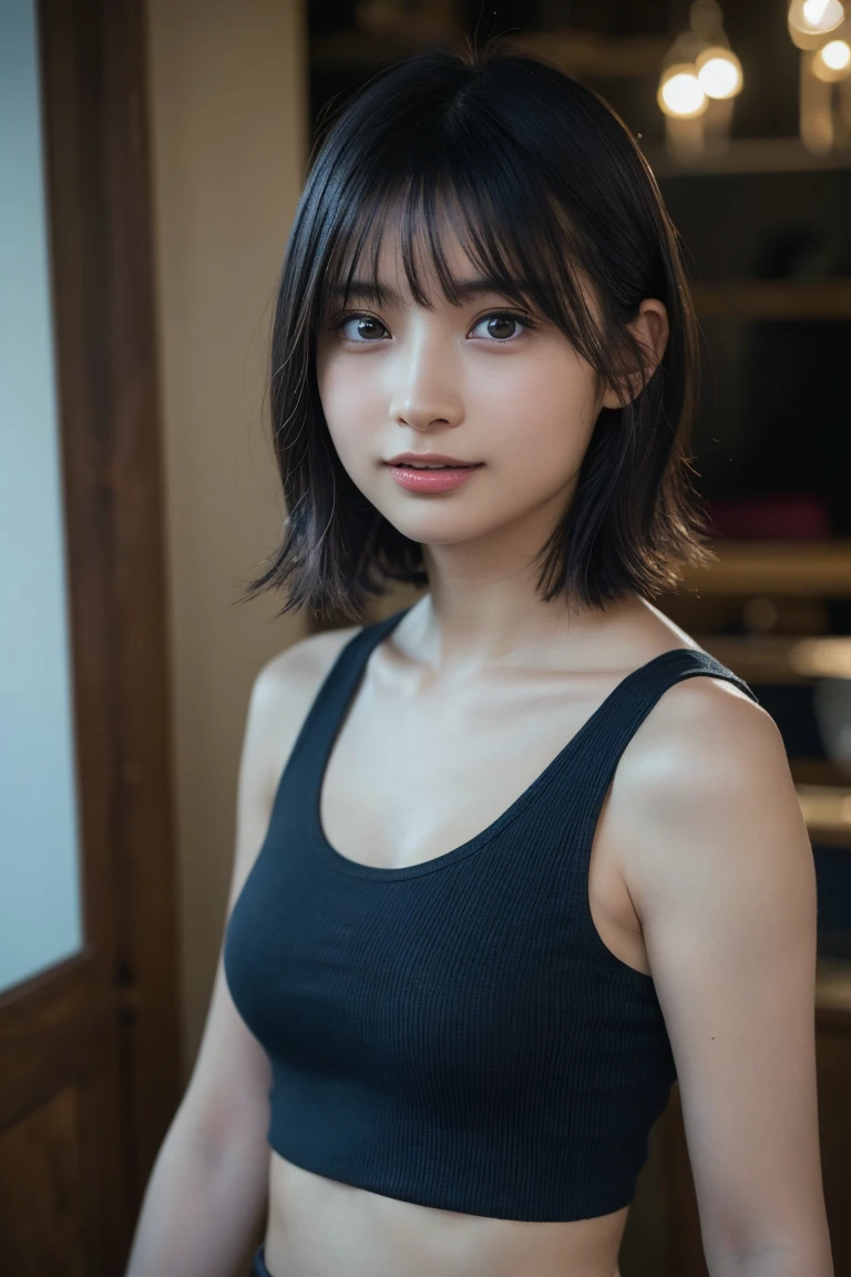 (8K, Raw photo, Highest quality, masterpiece:1.2), (Realistic, Photorealistic:1.37), Ultra-detailed, Ultra-high resolution, 1 girl, Seeing the viewer, Beautifully detailed face, Laughter, narrow, (Slim waist) :1.3), shortcut, Beautifully detailed skin, Skin texture, Dark hair, Short hair, Bob, Professional Lighting, (Tank top), Human whole body