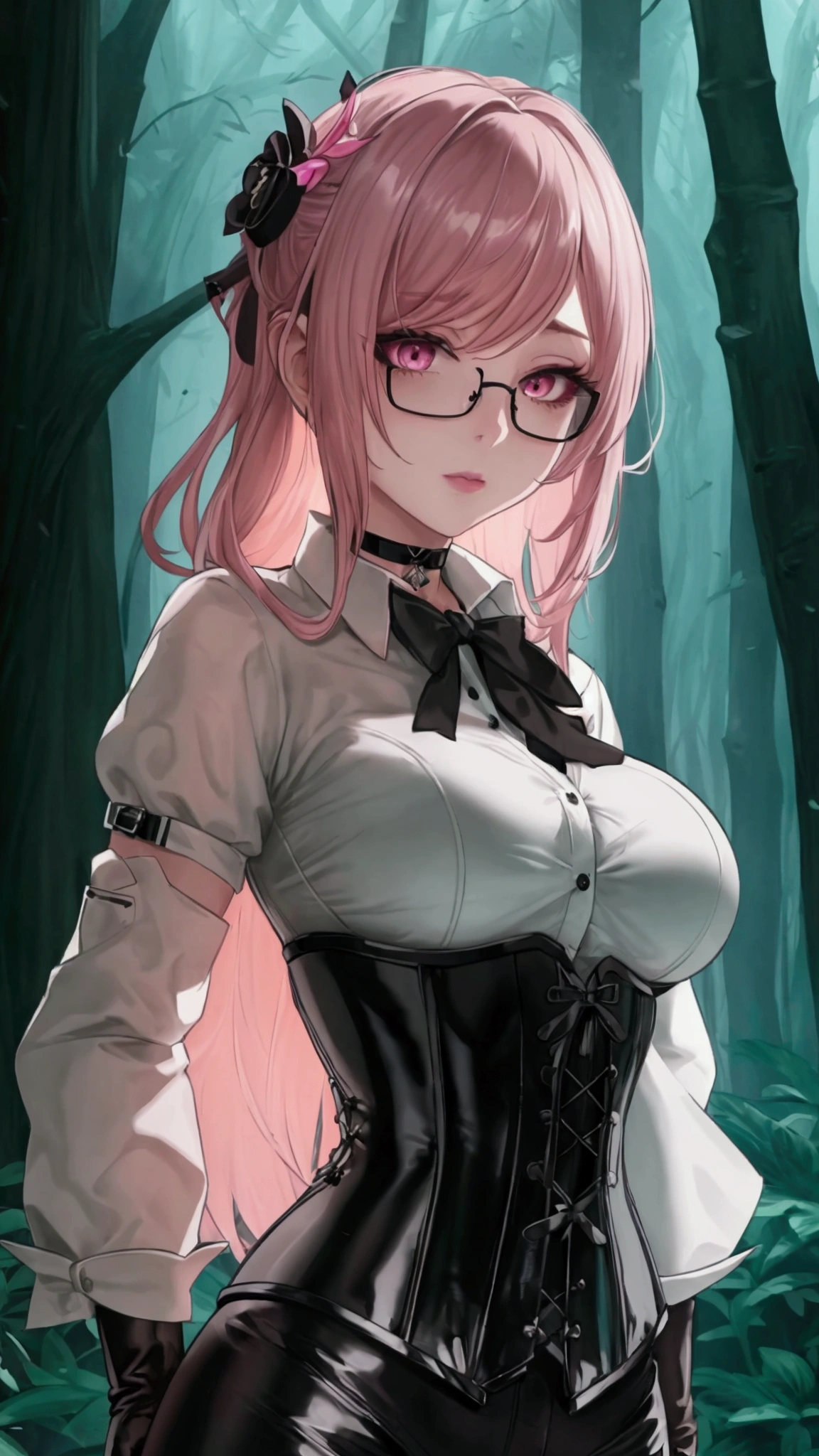 Masterpiece, Beautiful art, professional artist, 8k, Very detailed face, Detailed clothing, detailed fabric, 1 girl, Chiori \(genshin impact\),  View from the front, standing, pose sexy, perfectly drawn body, shy expression, pale skin, beautiful face, 4k eyes, very detailed eyes, pink cheeks,  glasses, choker:1.6, (white long sleeve button down shirt with white collar), black gloves, gloves that cover hands, (black leather corset), (shiny black leggings), Sensual Lips, show details in the eyes, dark forest, Atmosphere, fog, At night