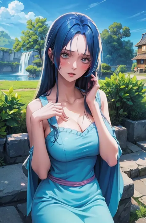 anime girl with blue hair wearing a straw hat and a blue dress, artwork in the style of guweiz, beautiful anime portrait, guweiz...