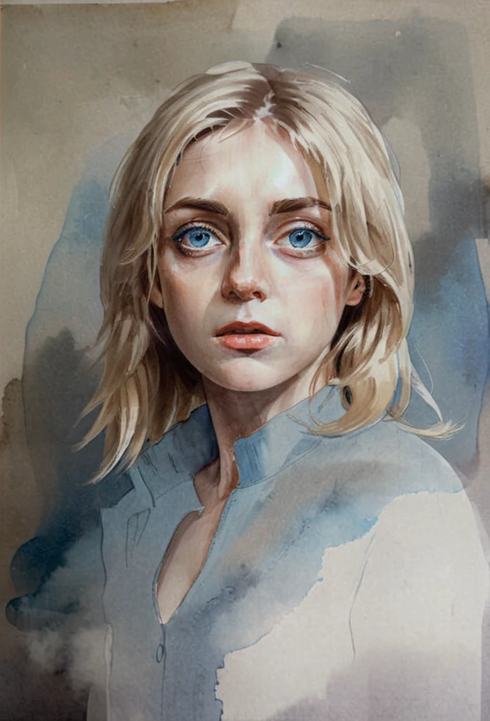 High Quality ,ultra detailed,portrait, Beautiful picture of A painting of a girl russian beauty, big blue eyes, blonde, /Fog, cinematic shot, haze lighting, 16k, uhd, blurry masterpiece,cinematic, epic,  watercolor, 