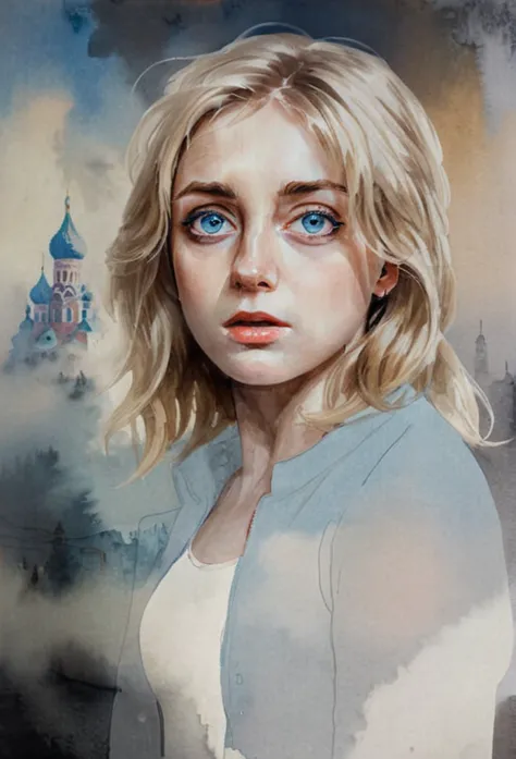 High Quality ,ultra detailed,portrait, Beautiful picture of A painting of a girl russian beauty, big blue eyes, blonde, /Fog, ci...