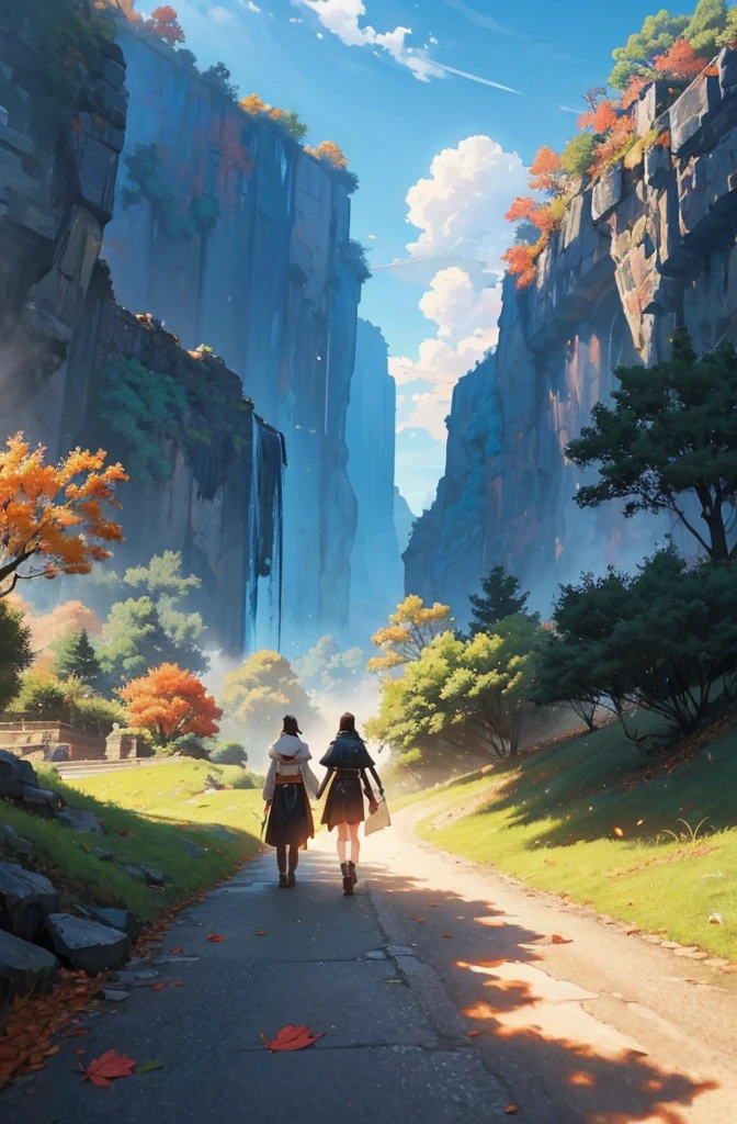 Hojas caídas en el camino de las montañas., Atey Ghailan 8K, inspirado en Sylvain Sarrailh, Makoto Shinkai Cyril Rolando, fondo de pantalla de arte conceptual 4k, arte conceptual de pintura digital, Cyril Rolando and Goro Fujita, inspirado en Atey Ghailan