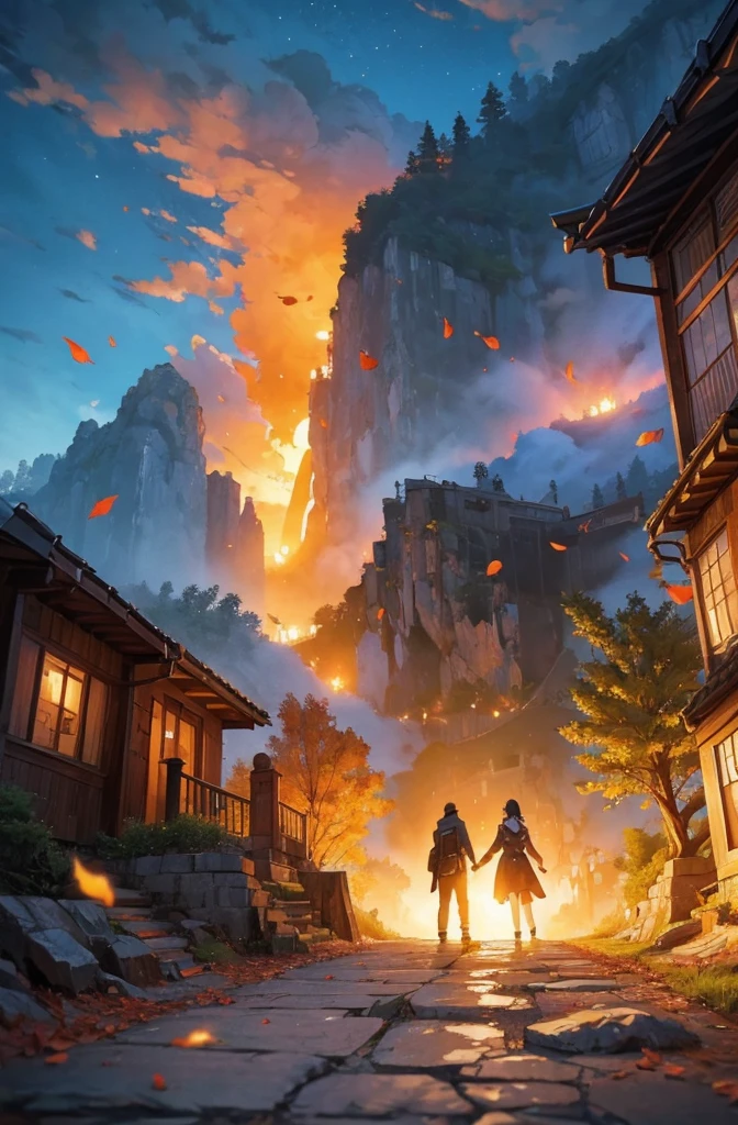 Abgefallene Blätter auf dem Weg in den Bergen, atey ghailan 8 k, inspiriert von Sylvain Sarrailh, Makoto Shinkai Cyril Rolando, Konzeptkunst-Tapete 4k, digitale Malerei Konzeptkunst, Cyril Rolando und Goro Fujita, Inspiriert von Atey Ghailan