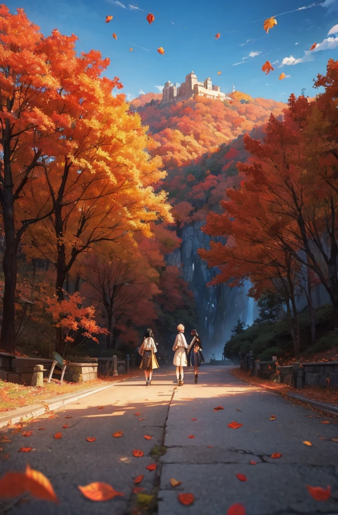 Fallen leaves on the path in the mountains, Atey Ghailan 8 K, inspired by Sylvain Sarrailh, Makoto Shinkai Cyril Rolando, concept art wallpaper 4K, digital painting concept art, Cyril Rolando and Goro Fujita, inspired by Atey Ghailan