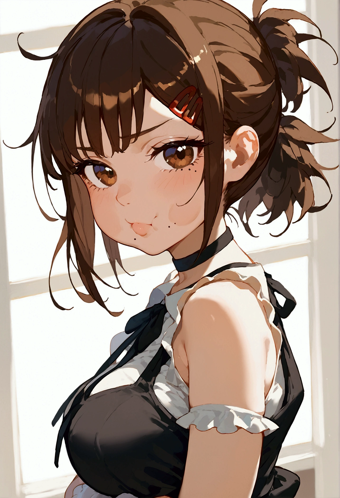 score_9, score_8_up, score_7_up, score_6_up,score_5_up,score_4_up, BREAK ,big breasts, 1girl, solo,  kobenicasual, mole under eye, mole under mouth, single sidelock, short ponytail, hairclip, brown hair, brown eyes, black dress, pinafore dress, sleeveless dress, white shirt, black ribbon, neck ribbon, long sleeves, black choker, puffy cheeks, pouting, crossed arms,