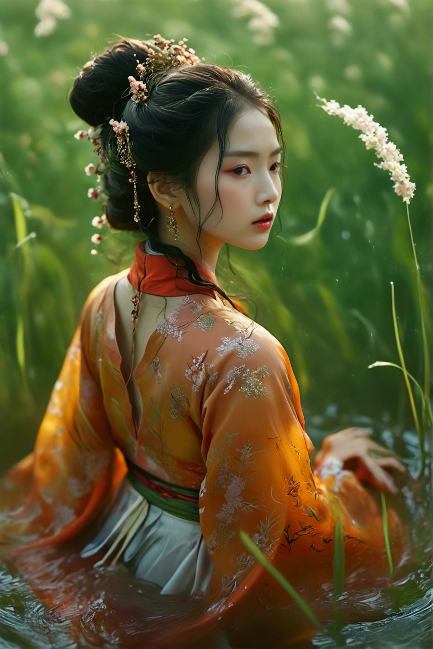 A woman wearing a hanfu is swimming in the long green grass., Similar to Marcinzobas style., Wavy lines,  signs of trouble，Motion blurred image.，Ed Freeman, National Geographic Photograph, Konica Big Mini, what, Organic Mode – Chaos 20 