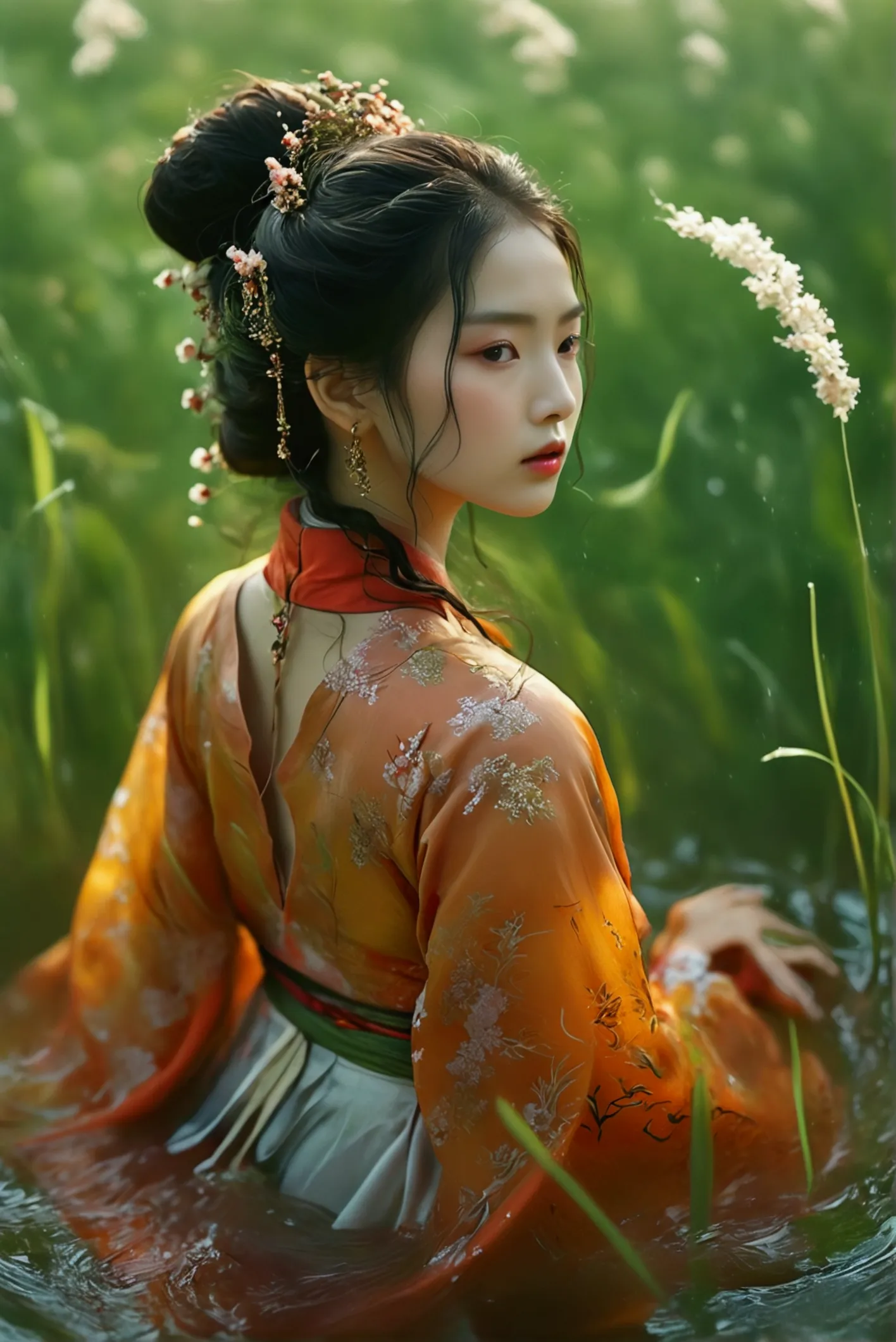 a woman wearing a hanfu is swimming in the long green grass., similar to marcinzobas style., wavy lines,  signs of trouble，motio...